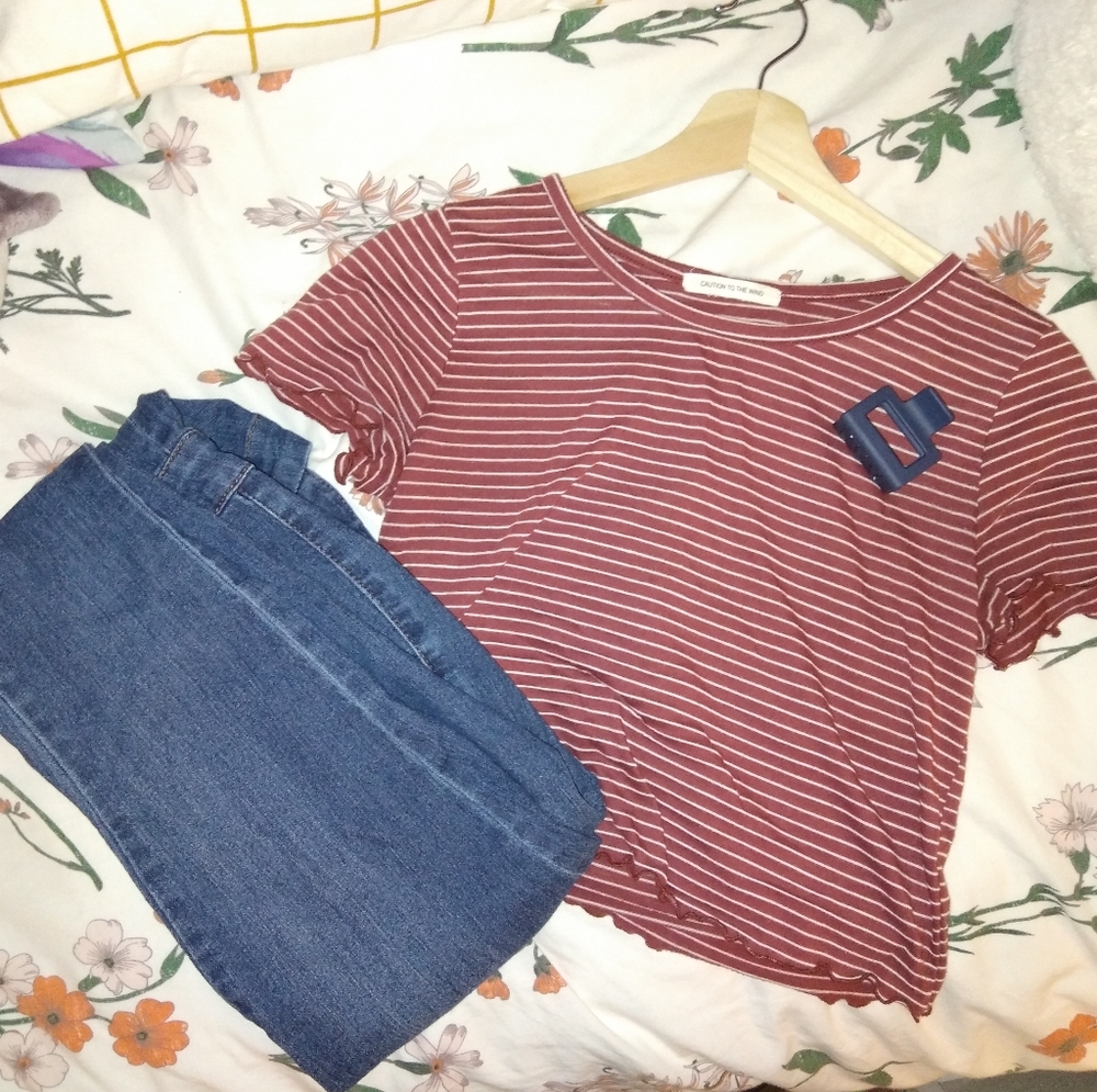 Red and White Stripe T Shirt with Lettuce Trim